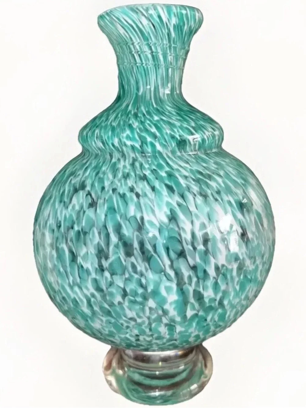 Vintage Pier 1 Art Glass Vase - Turquoise & White Swirl Confetti Spatter 10”